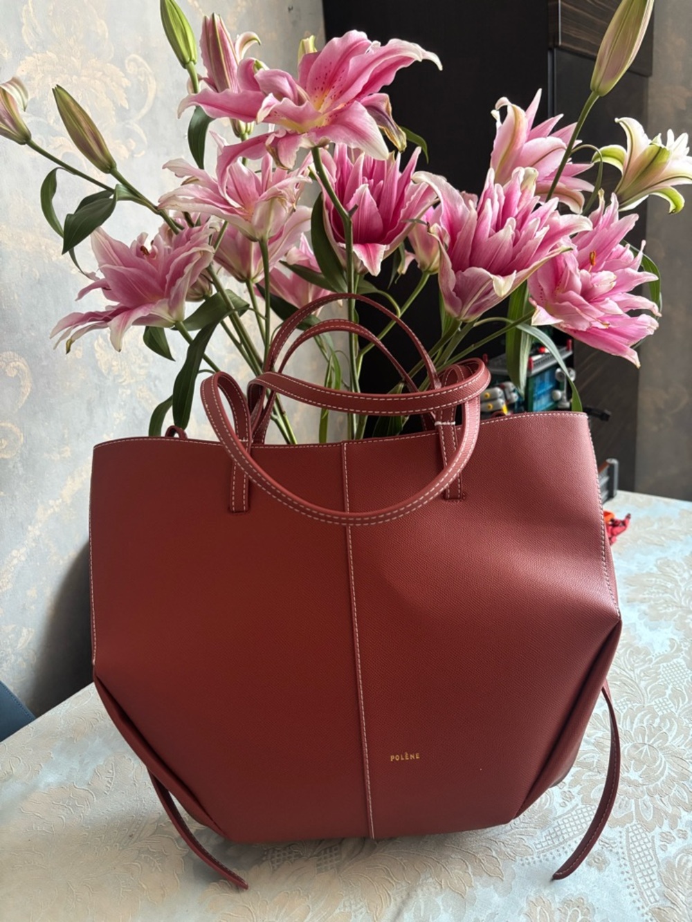 Large Pole’ne Leather Tote Bag in Cognac brown